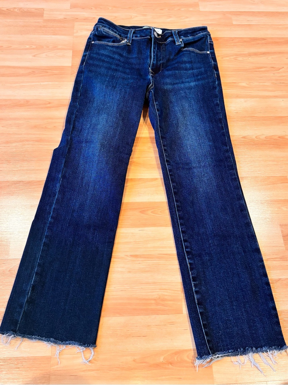 Risen Dark Blue Raw Hem Cropped Straight-Leg Jeans